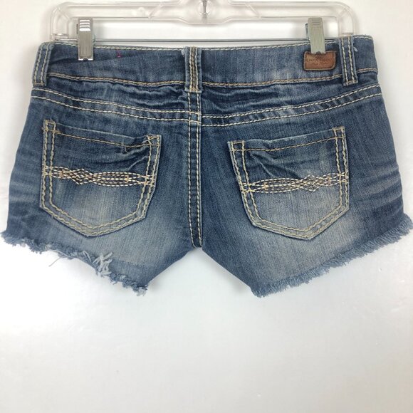 Almost Famous Denim Shorts Sz 1 Jrs Distressed Raw Hem Stretch Thick Stitches - Picture 5 of 10